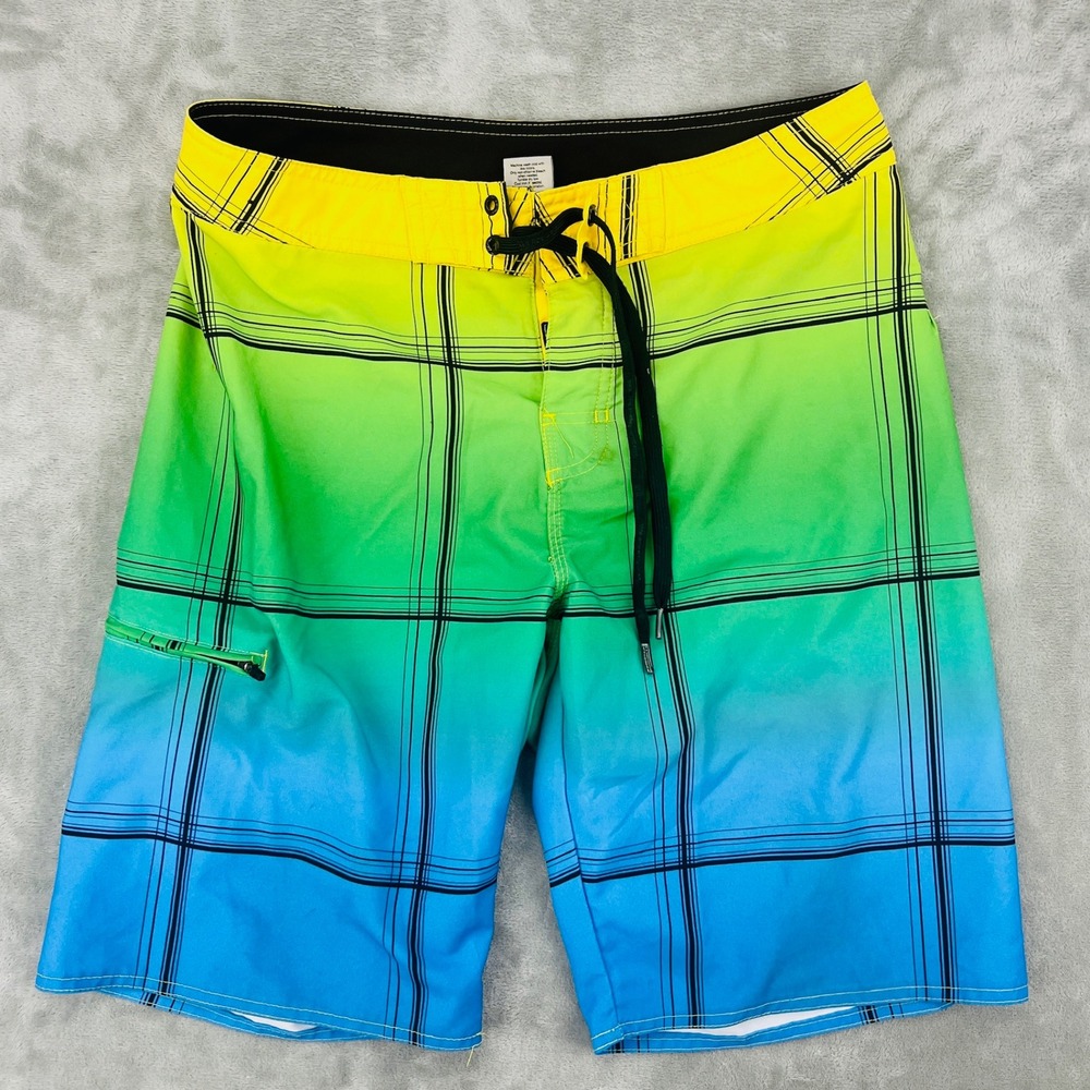 Hang Ten Mens Board Shorts Size 32 Ombre Plaid Yellow Green Blue Swim Trunks